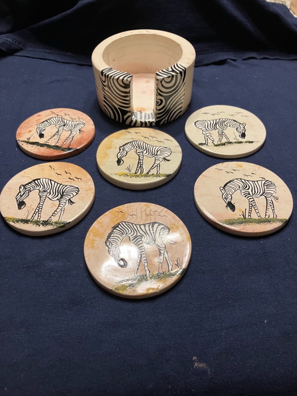 Hand-Painted Zebra Ceramic Coaster Set with Matching Holder - White and Beige